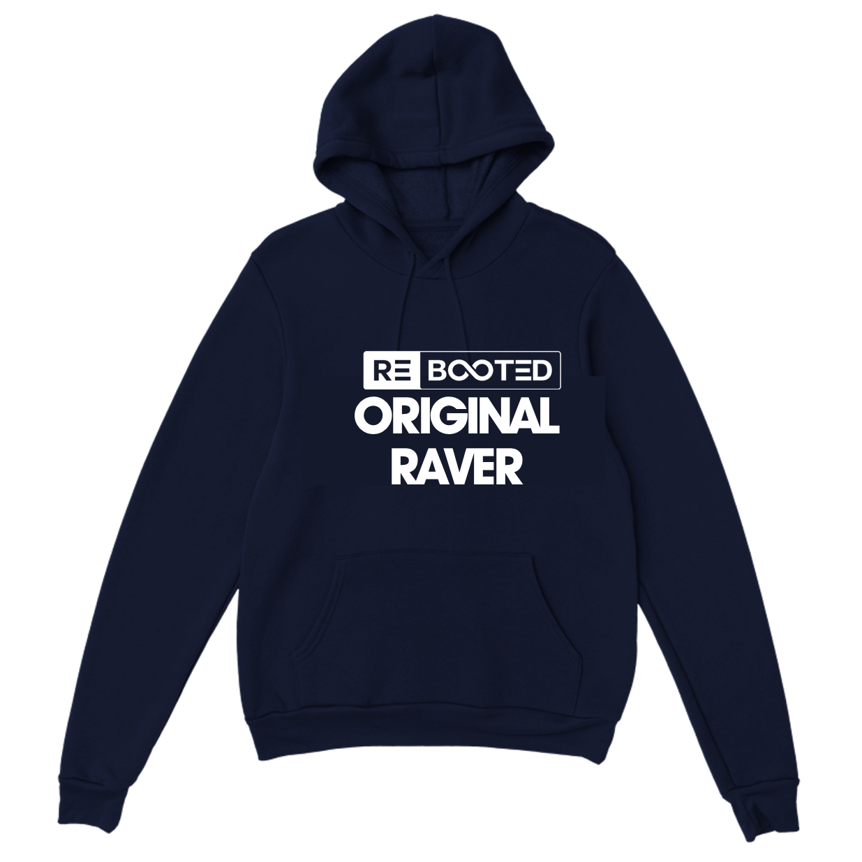 REBOOTED Original Raver- HOODIE Navy Blue White Text