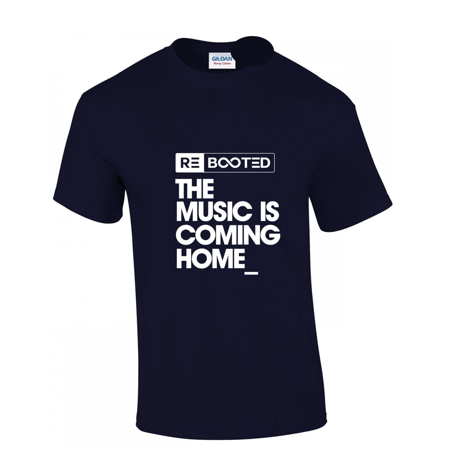 REBOOTED The Music Is Home - T-Shirt Navy Blue White Text