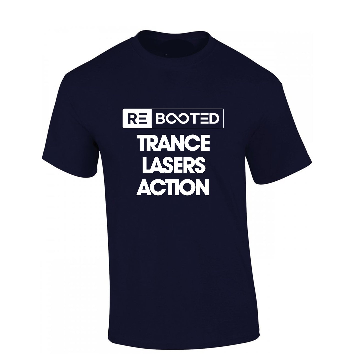 REBOOTED Trance Lasers Action - T-Shirt Navy Blue White Text