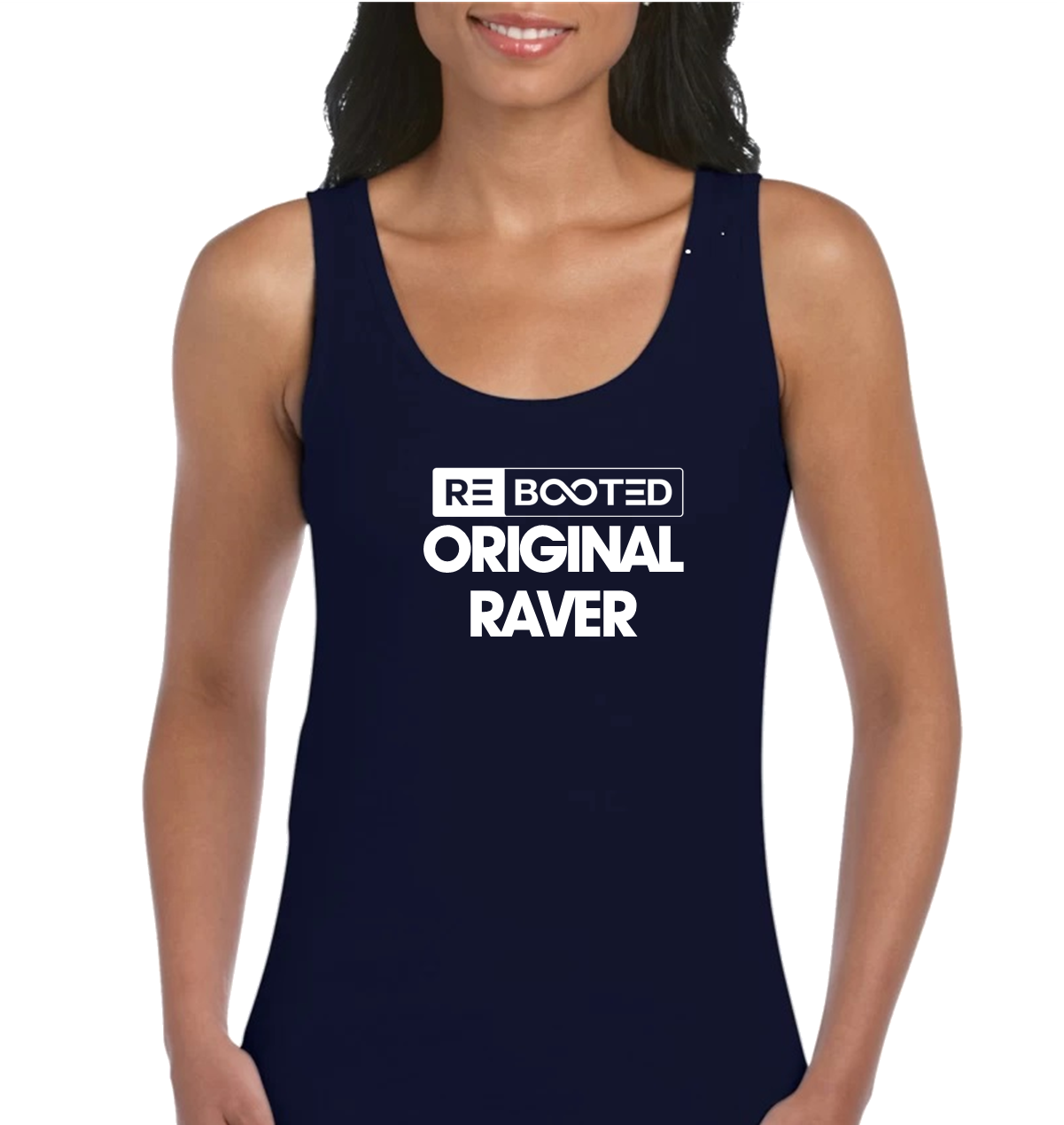 REBOOTED Original Raver- Ladies Vest Navy Blue White Text