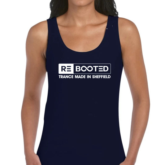 REBOOTED Trance Made In Sheffield - Ladies Vest Navy Blue White Text