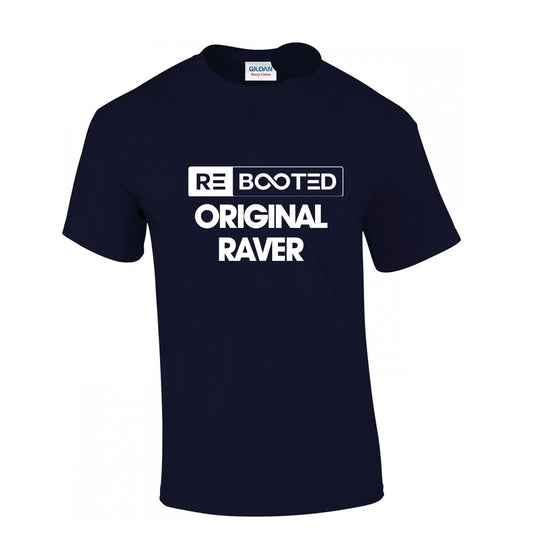 REBOOTED Original Raver- T-Shirt Navy Blue White Text