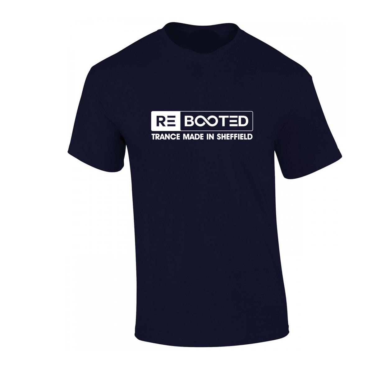 No Shipping Collect At Event REBOOTED Trance Made In Sheffield - T-Shirt Navy Blue White Text
