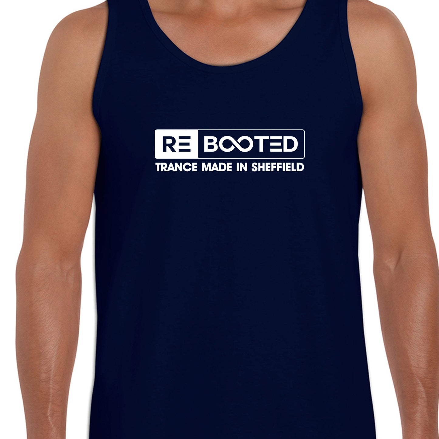 REBOOTED Trance Made In Sheffield - Mens Vest Navy Blue White Text