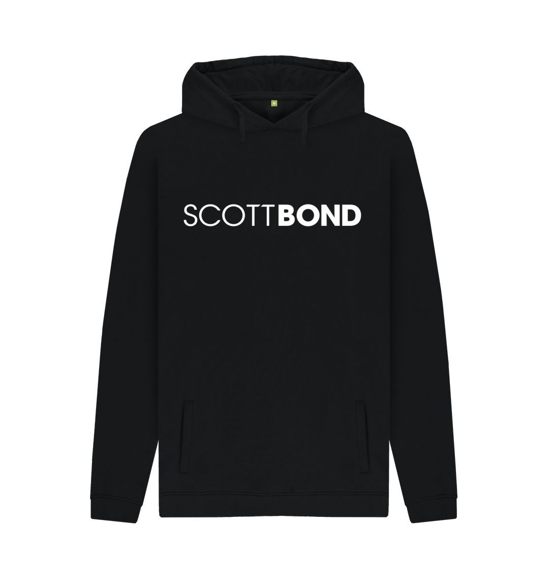 Black Scott Bond Pull Over Hoodie White Logo Certified Organic Cotton