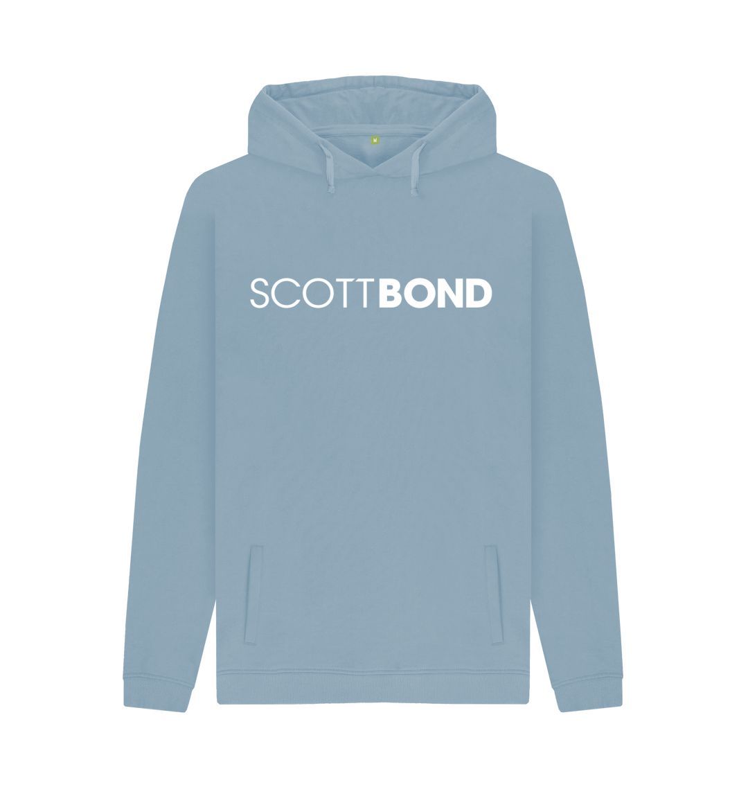 Stone Blue Scott Bond Pull Over Hoodie White Logo Certified Organic Cotton